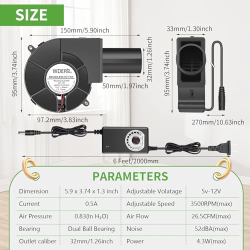 WDERAIR 97mm x 33mm BBQ Blower Fan 12V with 120V – 240V AC Plug Variable Speed Controller Centrifugal for Outdoor Barbecues Fire Bellow, Camping Cooking, Wood Stove, Charcoal Starter - Image 2