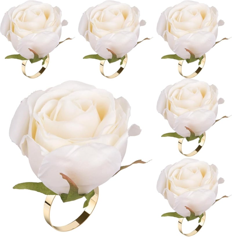 ٦ حلقات مناديل على شكل وردة بيضاء للاحتفال بذكرى الزواج، حلقات مناديل على شكل زهرة وردة صناعية مع حامل معدني ذهبي اللون لتزيين طاولة عيد الحب (وردة بيضاء)