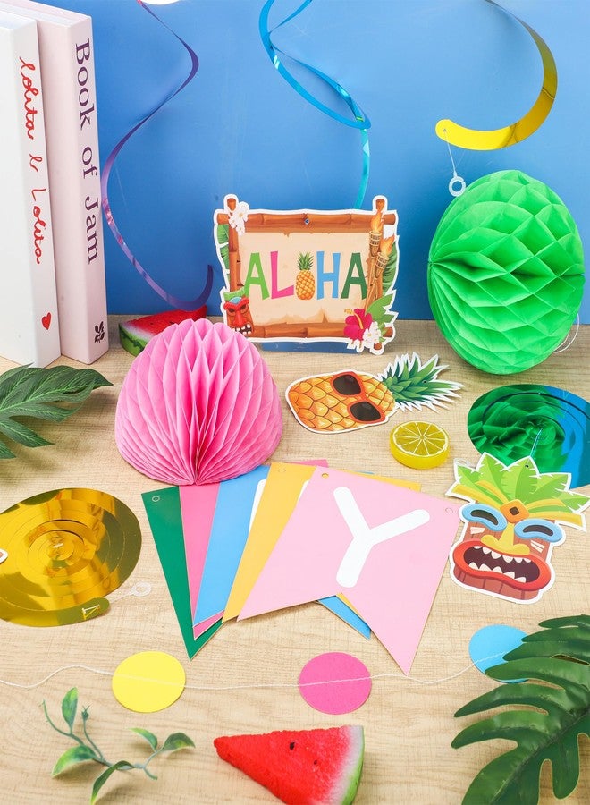 Maniaacer Hawaiian Luau Birthday Party Decorations Hawaiian Happy Birthday Banner with Honeycomb Balls Tropical Aloha Party Hanging Swirls Colorful Circle Dots Garland for Summer Beach Pool Luau Tiki Supplies - Image 4