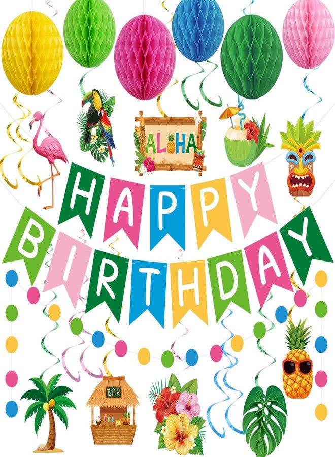 Maniaacer Hawaiian Luau Birthday Party Decorations Hawaiian Happy Birthday Banner with Honeycomb Balls Tropical Aloha Party Hanging Swirls Colorful Circle Dots Garland for Summer Beach Pool Luau Tiki Supplies - Image 1