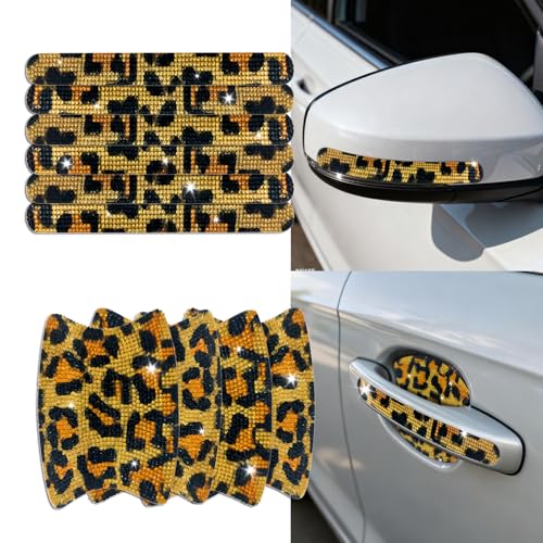 I3DIDEA 10PCS Bling Car Door Handle Protectors 4 Door Bowl Stickers 6 Handle Strips Crystal Rhinestone AntiScratch Car Accessories Sparkling Auto Decor Universal for SUV Sedan Truck Leopard Print - Image 1