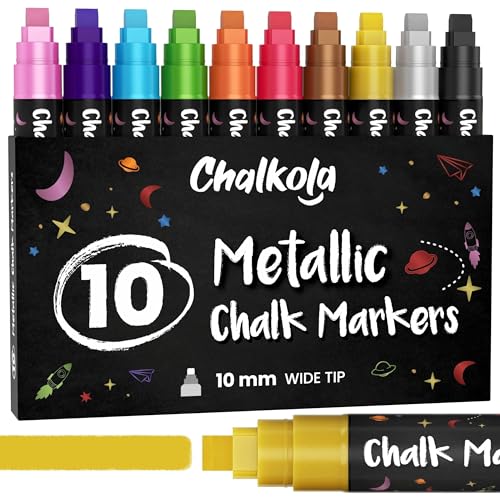 Chalkola 10mm Metallic Chalk Markers (10 Pack) Liquid Chalk Pens - For Blackboards, Chalkboard, Bistro Menu, Window - Wet Wipe Erasable Car Window Markers - 10mm 3-in-1 Wide Nib - Image 1