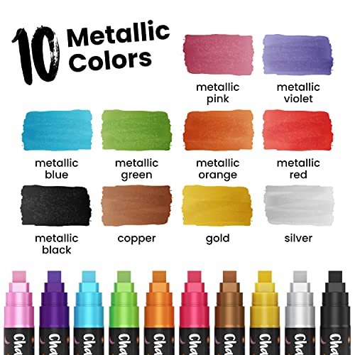 Chalkola 10mm Metallic Chalk Markers (10 Pack) Liquid Chalk Pens - For Blackboards, Chalkboard, Bistro Menu, Window - Wet Wipe Erasable Car Window Markers - 10mm 3-in-1 Wide Nib - Image 2
