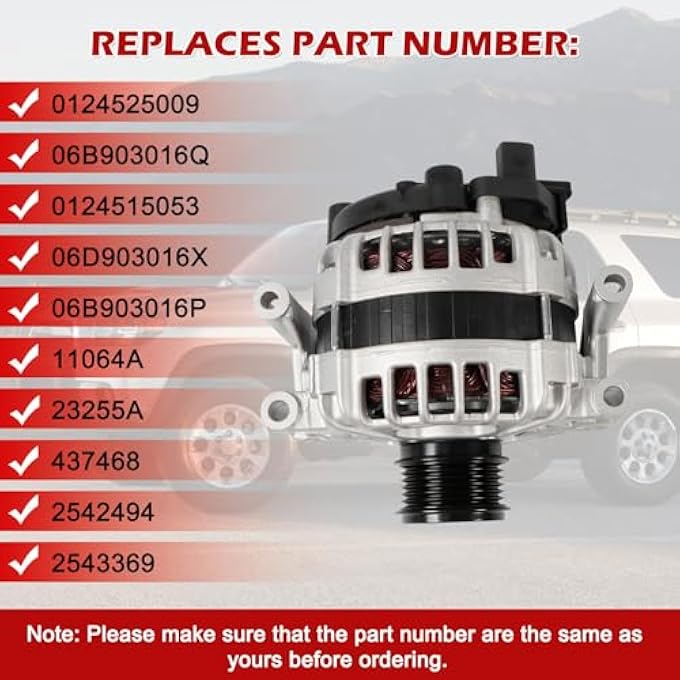 Kessocco Alternator 0124525009 06B903016Q 0124515053 Replacement for A3 A4 TT VW Beetle CC Eos GTI Jetta Passat Tiguan 12V 150A CW 6 Groove Pulley - Image 3