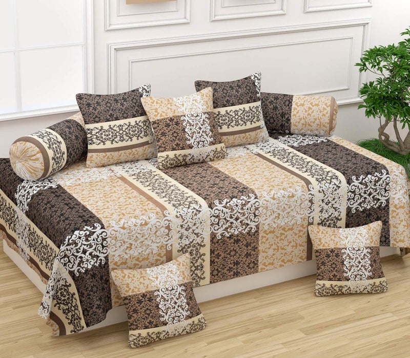 Castiqa Castiqa Microfiber Unique Patterns Diwan Set of Bedsheet 2 Bolsters and 5 Cushion Covers Beige and Brown Standard 8 Pieces Set  - Image 1