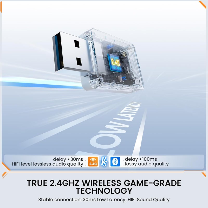 إكسا سماعة ألعاب لاسلكية E1000WT، سماعات ألعاب USB بتردد 2.4 جيجاهرتز مع ميكروفون للكمبيوتر الشخصي وPS5 وPS4 ونينتندو سويتش، سماعة رأس بصوت محيطي 7.1، ضوء RGB، تصميم مريح كهدية عيد ميلاد - Image 2