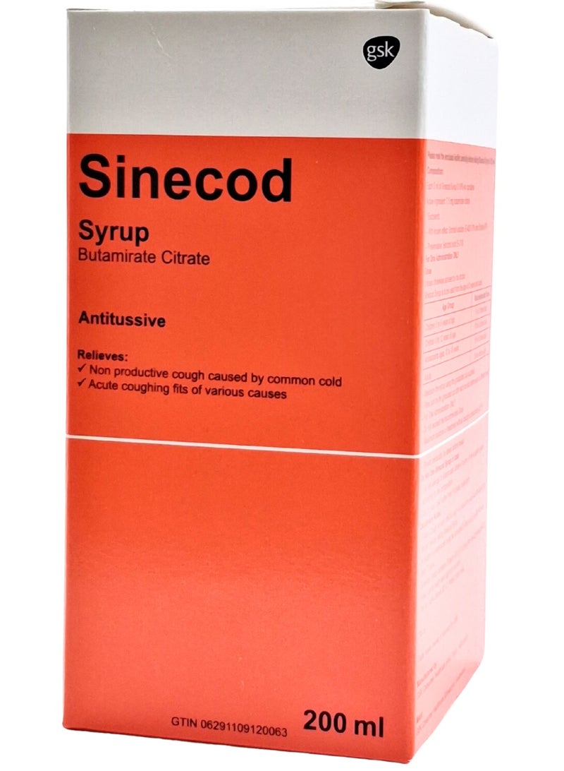 Sinecod سينيكود 0.15 ٪ شراب 200 مل (مثبط السعال سيترات بوتاميرات للسعال الجاف) - Image 2
