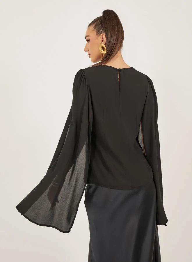 Styli Styli Solid Round Neck Cape Sleeve Blouse