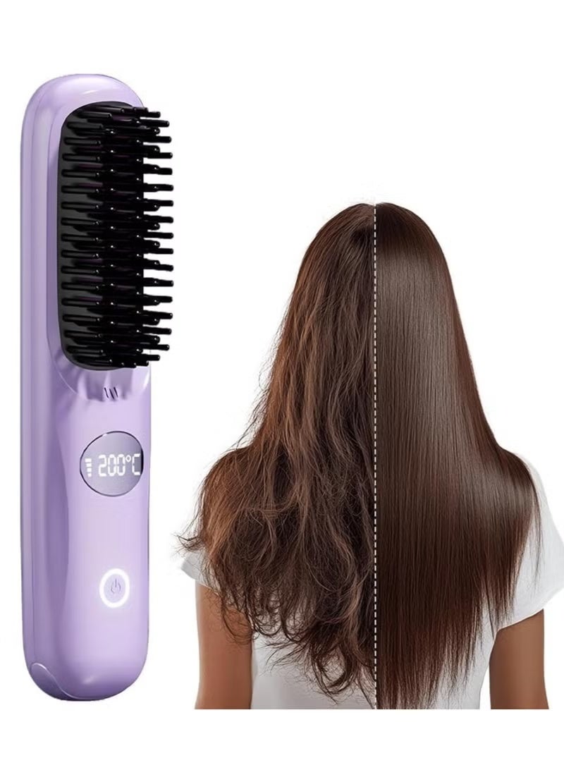 Portable Straightener Brush Comb, Rechargeable Straightener with LED Display , Anti-Scald Mini Hot Straightening Comb for Woman, Hair Fast Heating Cordless Mini Hair Tool for Travel (Purple) - Image 1