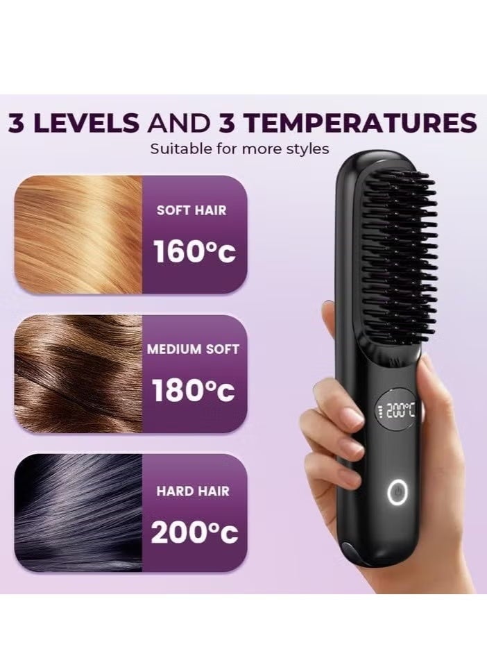 Portable Straightener Brush Comb, Rechargeable Straightener with LED Display , Anti-Scald Mini Hot Straightening Comb for Woman, Hair Fast Heating Cordless Mini Hair Tool for Travel (Purple) - Image 2
