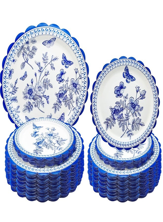 HSPAIDYP 100Pcs Blue & White Plate Party Supplies 9" Blue and White Floral Scalloped Plates 7" BlueFloral Scalloped Plates for Bridal Shower Wedding Tea Floral Birthday Party Decor Serve 50 - Image 1
