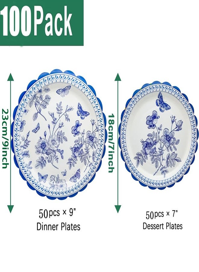 HSPAIDYP 100Pcs Blue & White Plate Party Supplies 9" Blue and White Floral Scalloped Plates 7" BlueFloral Scalloped Plates for Bridal Shower Wedding Tea Floral Birthday Party Decor Serve 50 - Image 3