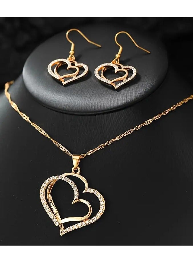 Goolsky 1 Pair Of Earrings + 1 Necklace French Romantic Style Jewelry Set Sparkling Heart Design Silvery Or Golden Make Your Call Gift For Her - Image 2