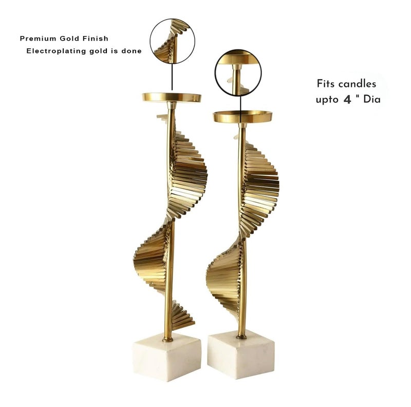 ZOVE Luxury Spiral Metal Candle Holders with Steel and Aluminium White Base – Set of 2 | Elegant Steel Gold Pillar Candle Stand for Home Decor, Living Room & Dining Table - Image 5