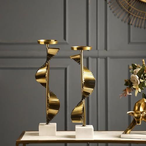 ZOVE Luxury Spiral Metal Candle Holders with Steel and Aluminium White Base – Set of 2 | Elegant Steel Gold Pillar Candle Stand for Home Decor, Living Room & Dining Table - Image 2