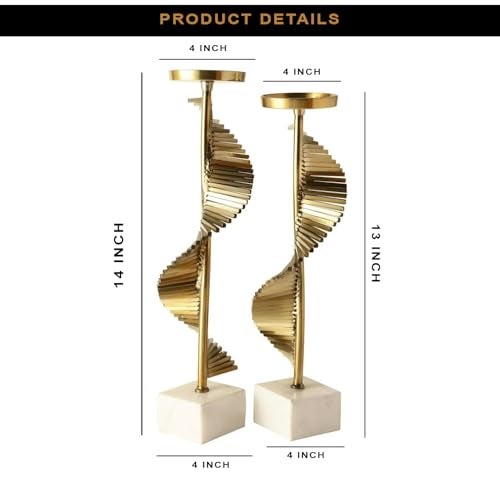 ZOVE Luxury Spiral Metal Candle Holders with Steel and Aluminium White Base – Set of 2 | Elegant Steel Gold Pillar Candle Stand for Home Decor, Living Room & Dining Table - Image 3