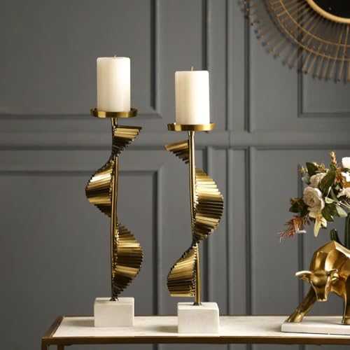 ZOVE Luxury Spiral Metal Candle Holders with Steel and Aluminium White Base – Set of 2 | Elegant Steel Gold Pillar Candle Stand for Home Decor, Living Room & Dining Table - Image 1