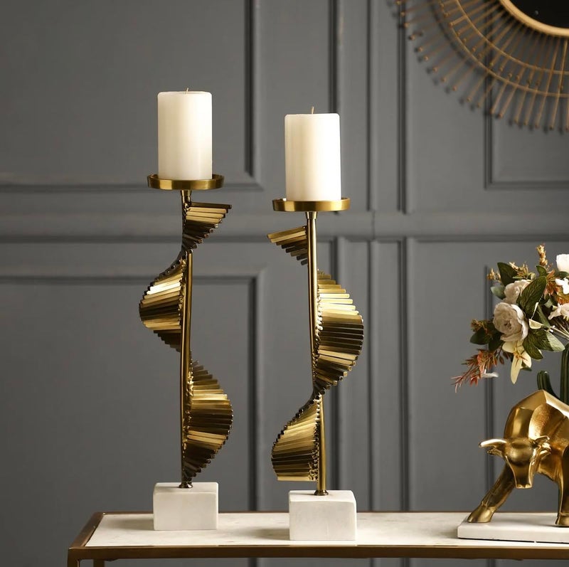 ZOVE Luxury Spiral Metal Candle Holders with Steel and Aluminium White Base – Set of 2 | Elegant Steel Gold Pillar Candle Stand for Home Decor, Living Room & Dining Table - Image 4