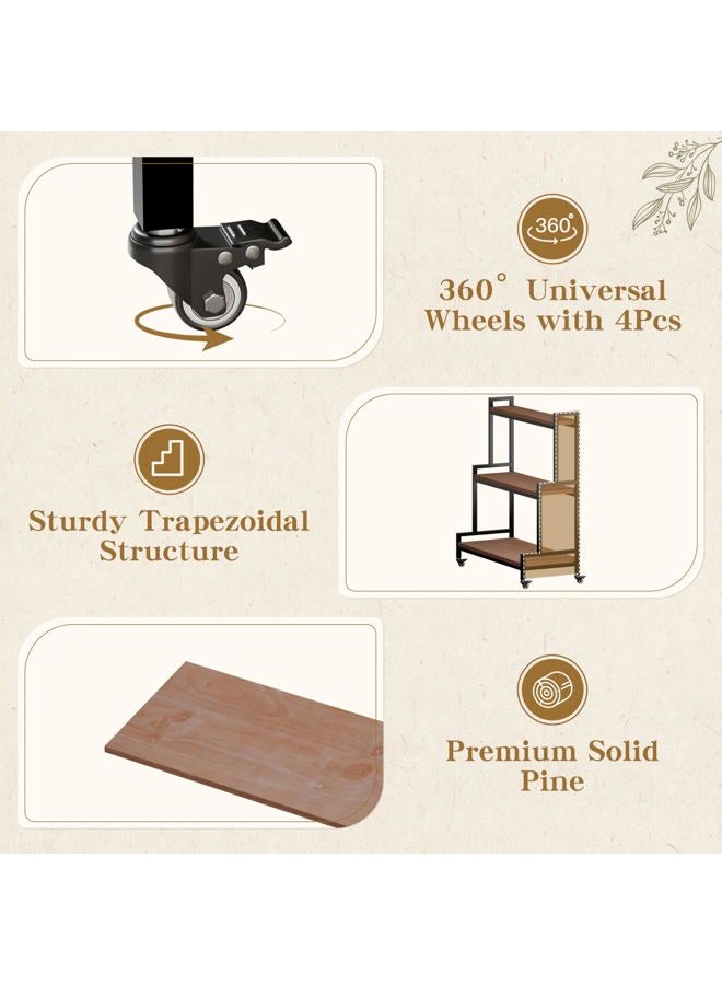 YCCO Rustic Plant Stand with Wheels, Rolling Plant Shelves Rack Indoor Outdoor,Metal Plant Stand with Solid Wood for Multiple Plants,Industrial Ladder Plant Flower Shelf for Garden,Living Room,Brown - Image 5