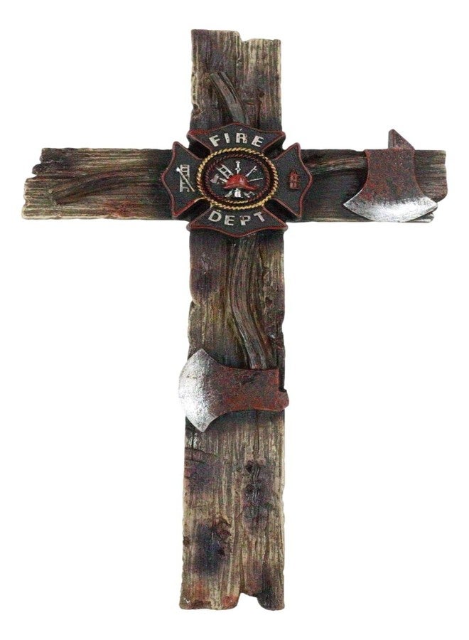 Ebros Gift 12" H Rustic Western Fire Department Maltese Emblem Badge and 2 Fireman Axes Faux Wood Planks Wall Cross Decor Plaque Crucifix Inspirational Christian Themed Accent Decorative Crosses - Image 1