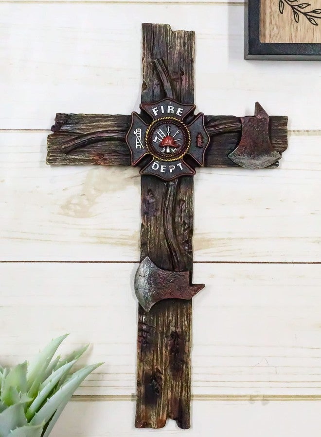 Ebros Gift 12" H Rustic Western Fire Department Maltese Emblem Badge and 2 Fireman Axes Faux Wood Planks Wall Cross Decor Plaque Crucifix Inspirational Christian Themed Accent Decorative Crosses - Image 2