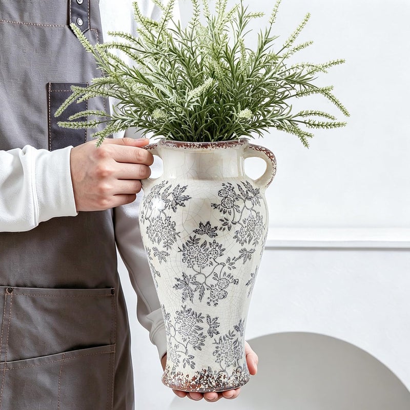 Enra Heavy load resistant Enra 12.6" Vintage Vase with Handle – Large Blue and White Ceramic Chinoiserie Floral Vase for Fresh Flowers, Tall Decorative Vase for Living Room Focal Point, Bookshelf & Floor Accent Tiered purchase options - Image 4