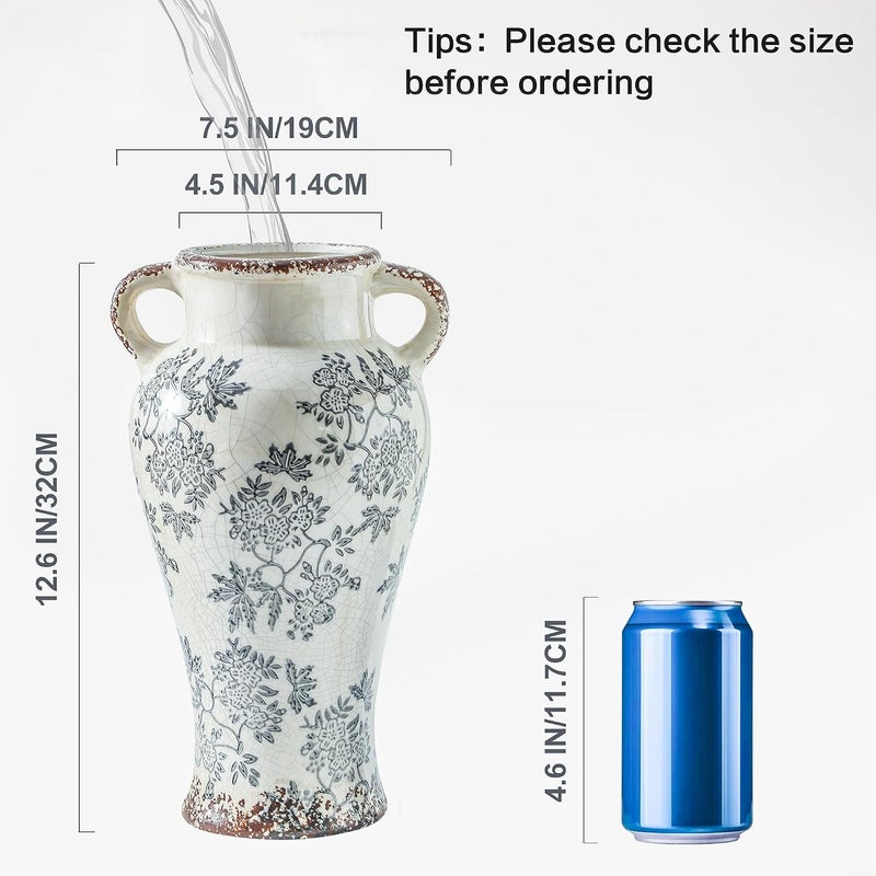 Enra Heavy load resistant Enra 12.6" Vintage Vase with Handle – Large Blue and White Ceramic Chinoiserie Floral Vase for Fresh Flowers, Tall Decorative Vase for Living Room Focal Point, Bookshelf & Floor Accent Tiered purchase options - Image 2