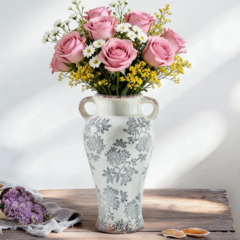 Enra Heavy load resistant Enra 12.6" Vintage Vase with Handle – Large Blue and White Ceramic Chinoiserie Floral Vase for Fresh Flowers, Tall Decorative Vase for Living Room Focal Point, Bookshelf & Floor Accent Tiered purchase options - Image 1