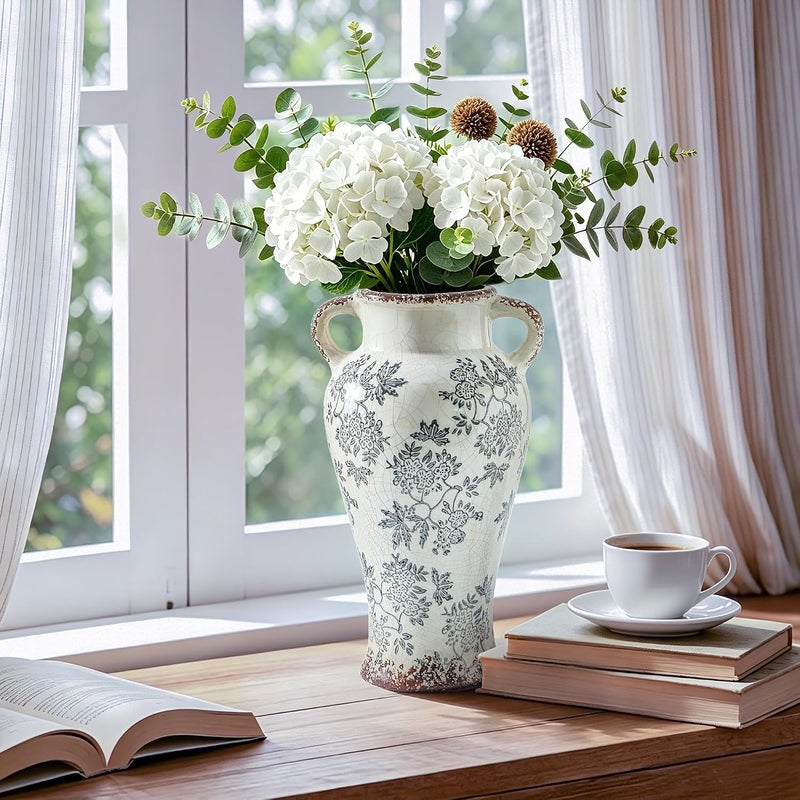 Enra Heavy load resistant Enra 12.6" Vintage Vase with Handle – Large Blue and White Ceramic Chinoiserie Floral Vase for Fresh Flowers, Tall Decorative Vase for Living Room Focal Point, Bookshelf & Floor Accent Tiered purchase options - Image 5