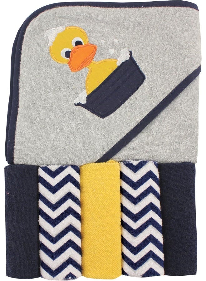 Luvable Friends Unisex Baby Hooded Towel with Five Washcloths,cotton,polyester, Duck, One Size - Image 1