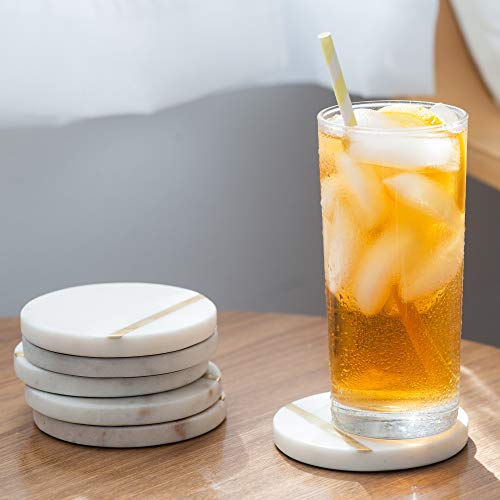 Cork & Mill Marble Coasters Set of 6 - Luxury Aesthetic Modern Decor for Coffee Table- White Marble with Gold Brass Inlay - Real Natural Semi Absorbent Stone Coasters - Image 5