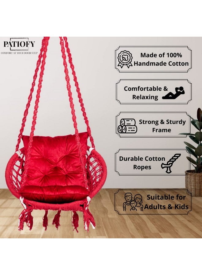 Patiofy Round Cotton Home Swing for Adults & Kids || Hammock Hanging Swing Chair for Balcony, Indoor & Outdoor || Capacity Upto 120 Kgs || includes Free Hanging Accessories || Handmade Home Jhula-Red - Image 3
