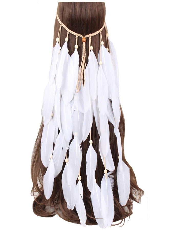 WLBON Feather Headband White Hippie Indian Boho Hair Bands Tassel Bohemian Halloween Hair Hoop Women Crown Hairband Party Decoration Headdress Cosplay Costume Headwear Headpiece Christmas Hair Accessories - Image 1