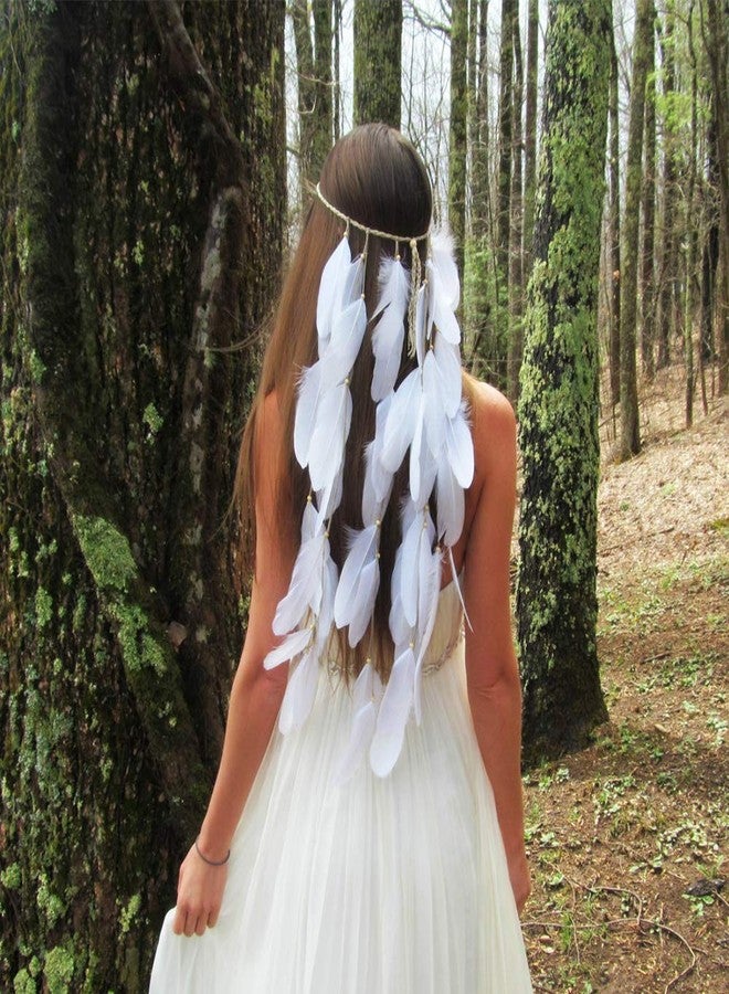 WLBON Feather Headband White Hippie Indian Boho Hair Bands Tassel Bohemian Halloween Hair Hoop Women Crown Hairband Party Decoration Headdress Cosplay Costume Headwear Headpiece Christmas Hair Accessories - Image 2