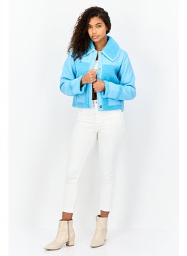 Miss Selfridge Women Faux Leather Sherpa Jacket, Blue  - Image 2