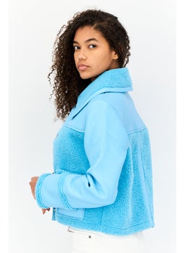 Miss Selfridge Women Faux Leather Sherpa Jacket, Blue  - Image 4