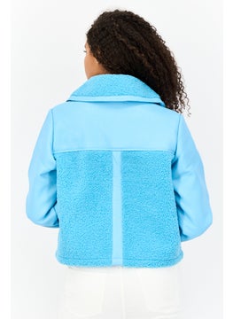 Miss Selfridge Women Faux Leather Sherpa Jacket, Blue  - Image 3