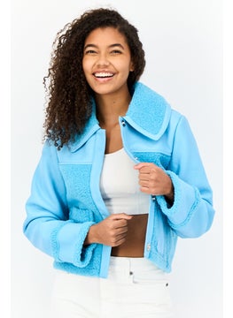 Miss Selfridge Women Faux Leather Sherpa Jacket, Blue  - Image 1