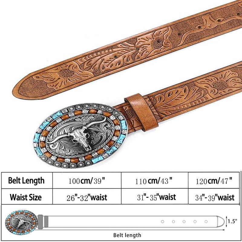 CaySep Women Western Cowboy Belt - PU Leather Longhorn Bull Turquoise Embossed Buckle Belt for Jeans Pants Dresses - Image 2