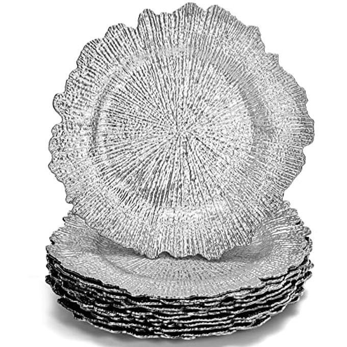 12 PACK CHARGER PLATES 13 ROUND PLASTIC REEF PLATE CHARGERS WITH FLORA REEF DESIGN FOR WEDDING DINNER PARTY DECORATION SILVER