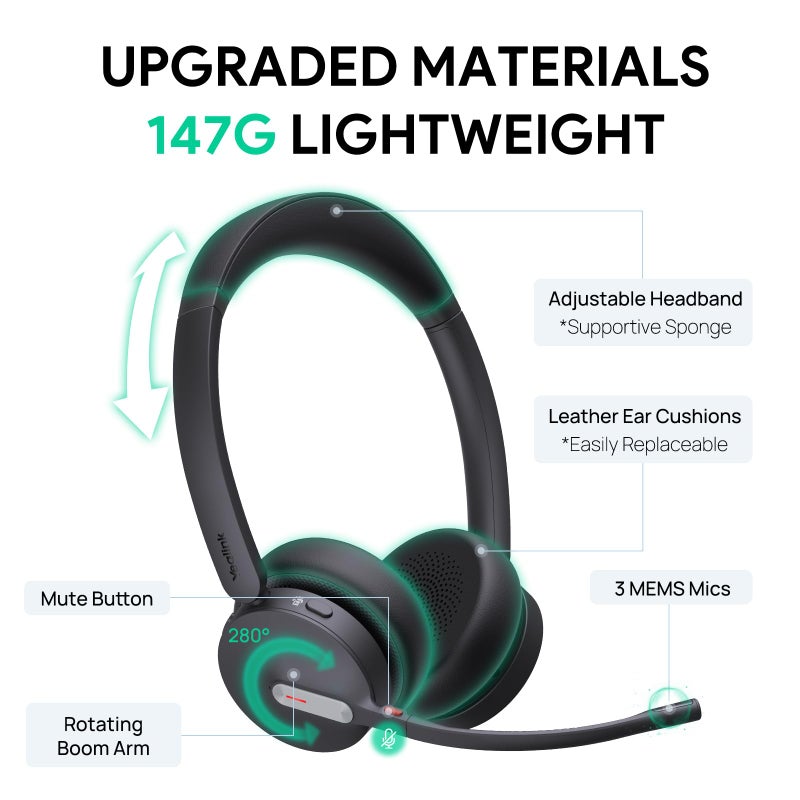 Yealink BH70 Dual Wireless Headset with Mic for Work, Bluetooth Headphone with Teams Certification, up to 35h Talk Time, 147g All-Day Wearing Comfort, Perfect for Open Office Home Hybrid Work, USB-A - Image 3