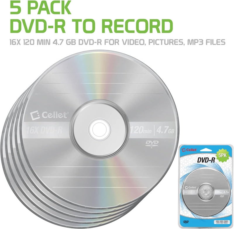 cellet Recordable Blank DVD Disk 16X 120 Min 4.7 GB DVD-R for Video, Pictures, MP3 Files (DVD-R) (5 Pieces) - Image 2