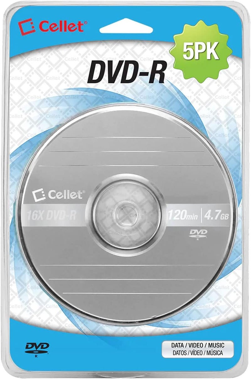 cellet Recordable Blank DVD Disk 16X 120 Min 4.7 GB DVD-R for Video, Pictures, MP3 Files (DVD-R) (5 Pieces) - Image 1