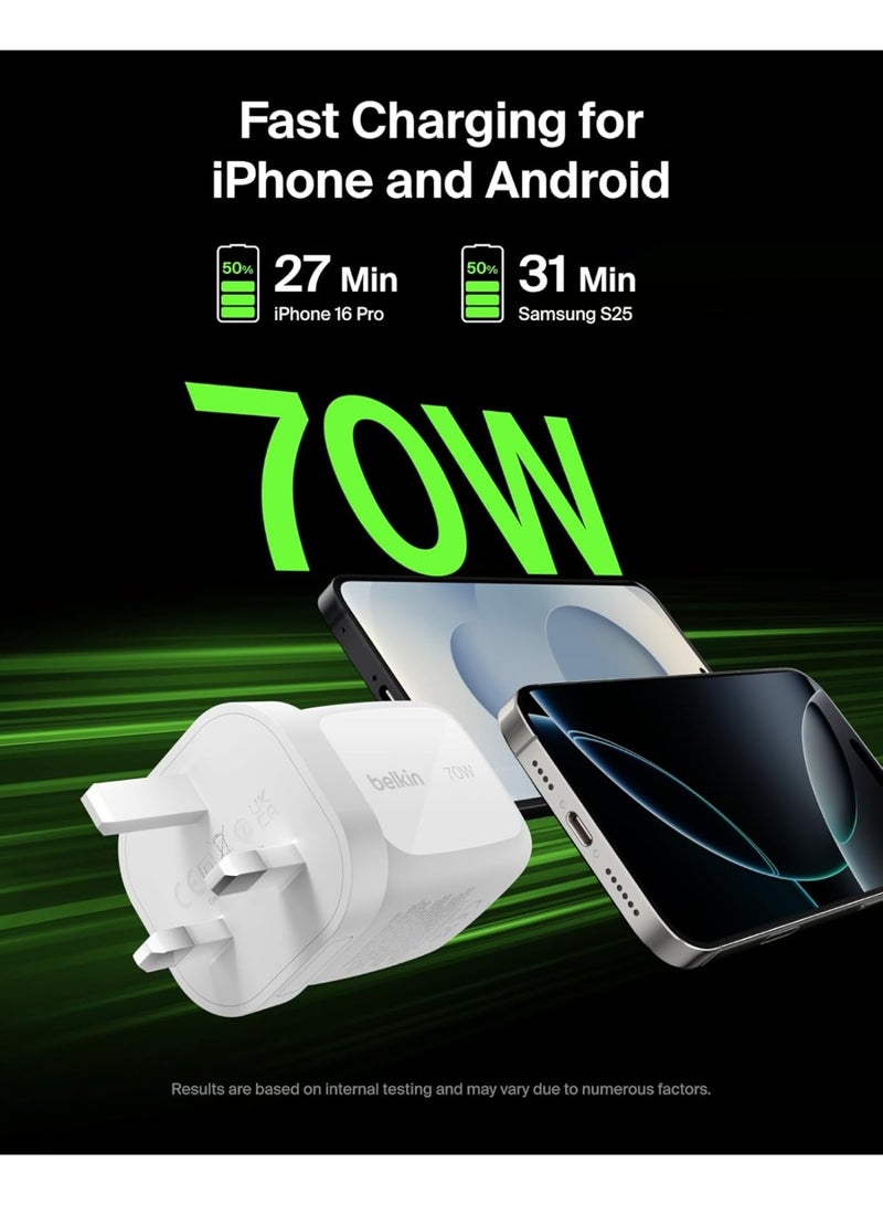 بيلكين شاحن حائط متعدد المنافذ GaN بقدرة 70 واط من بيلكين مع 2x USB-C و 1x USB A، نصائح قابس المملكة المتحدة والولايات المتحدة، شحن سريع لماك بوك، آيفون 16، آيباد، سامسونج جالاكسي S25، جوجل بيكسل، إلخ - - Image 4