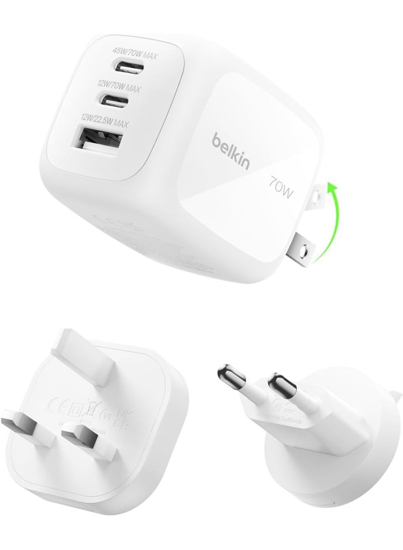 بيلكين شاحن حائط متعدد المنافذ GaN بقدرة 70 واط من بيلكين مع 2x USB-C و 1x USB A، نصائح قابس المملكة المتحدة والولايات المتحدة، شحن سريع لماك بوك، آيفون 16، آيباد، سامسونج جالاكسي S25، جوجل بيكسل، إلخ - - Image 1