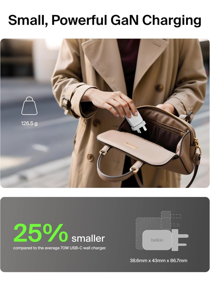 بيلكين شاحن حائط متعدد المنافذ GaN بقدرة 70 واط من بيلكين مع 2x USB-C و 1x USB A، نصائح قابس المملكة المتحدة والولايات المتحدة، شحن سريع لماك بوك، آيفون 16، آيباد، سامسونج جالاكسي S25، جوجل بيكسل، إلخ - - Image 3