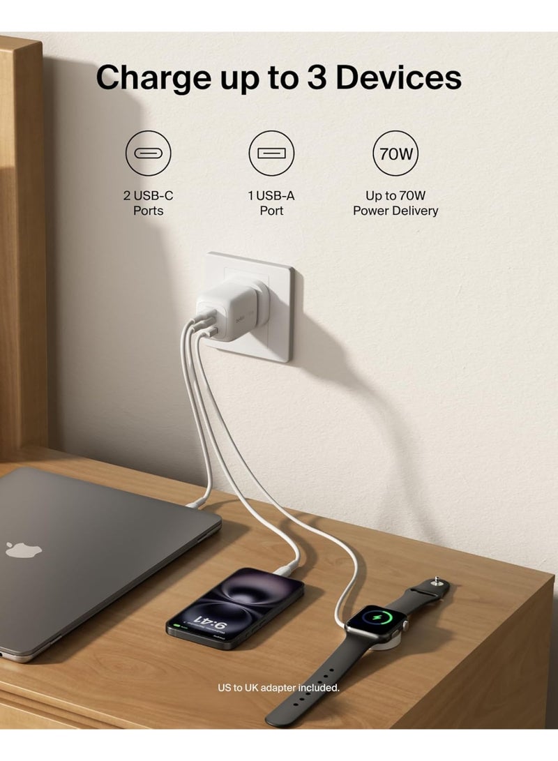 بيلكين شاحن حائط متعدد المنافذ GaN بقدرة 70 واط من بيلكين مع 2x USB-C و 1x USB A، نصائح قابس المملكة المتحدة والولايات المتحدة، شحن سريع لماك بوك، آيفون 16، آيباد، سامسونج جالاكسي S25، جوجل بيكسل، إلخ - - Image 2