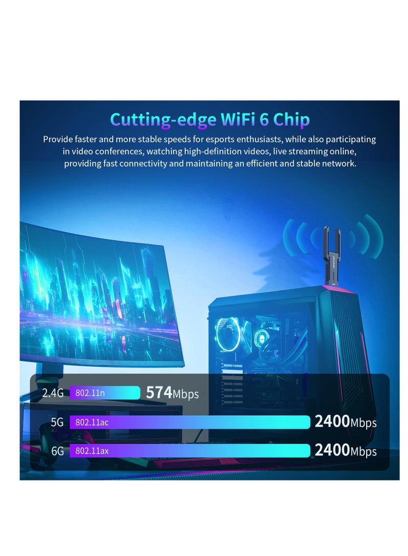 Excefore USB WiFi Dongle for PC, High Gain WiFi 6E Adapter, Tri-band USB 3.0 Wireless Dongle 6G/5G/2.4G, Low-Latency Gaming WPA3 WiFi 6 Dongle for Windows 10/11, Usb Wifi Adapter - Image 3