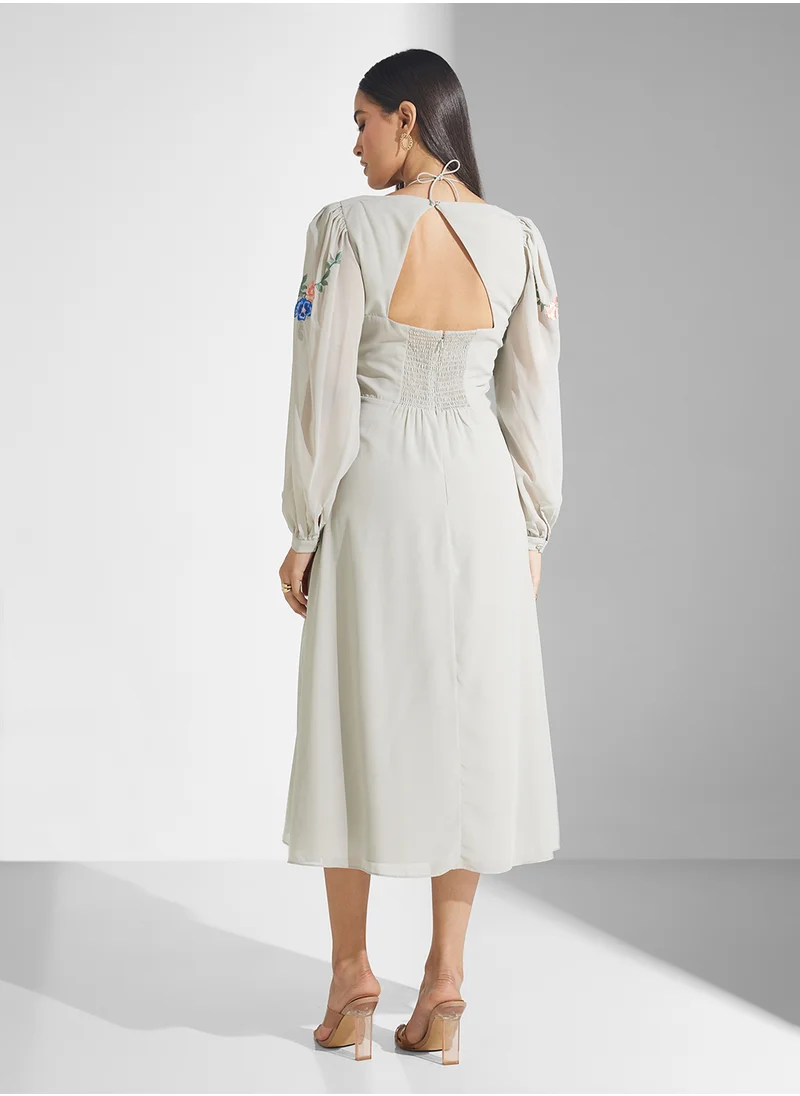 Hope & Ivy Embroidered Square Neck Midi Dress