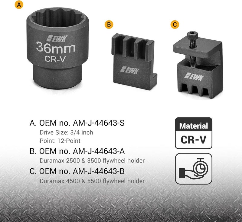 EWK Flywheel Locking Tool, 36mm 3/4 Inch 12 Pt Socket & 2 Locking Plates, for 6.6L Duramax Engine - Image 2